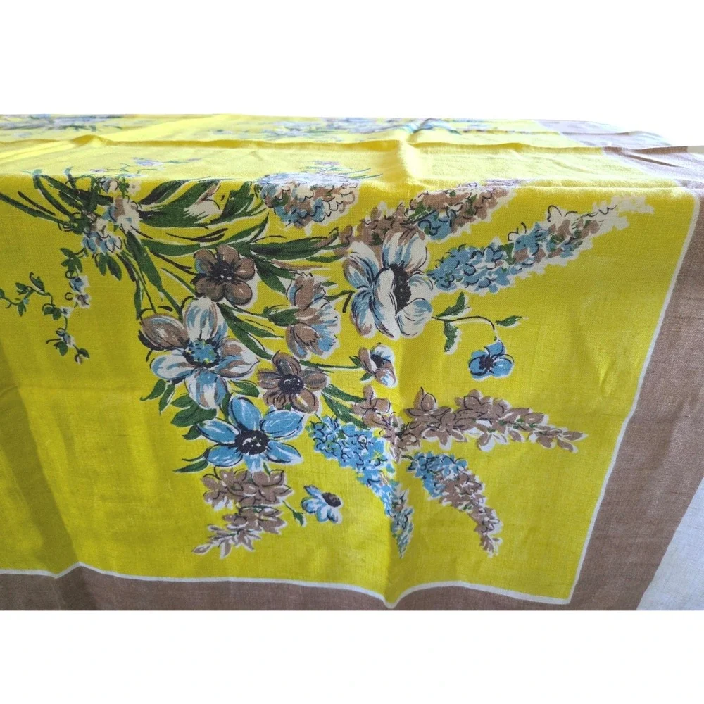 Vintage Yellow Linen Tablecloth Floral Print 49x52 Rectangle MCM Retro